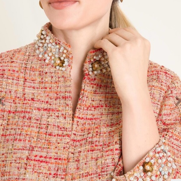 Chico’s 2 Embellished Coral Tweed Jacket Pearls and Beads - Picture 5 of 6